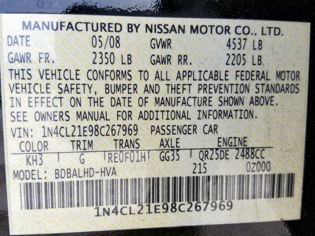 1N4CL21E98C267969 - 2008 NISSAN ALTIMA HYB BLACK photo 10