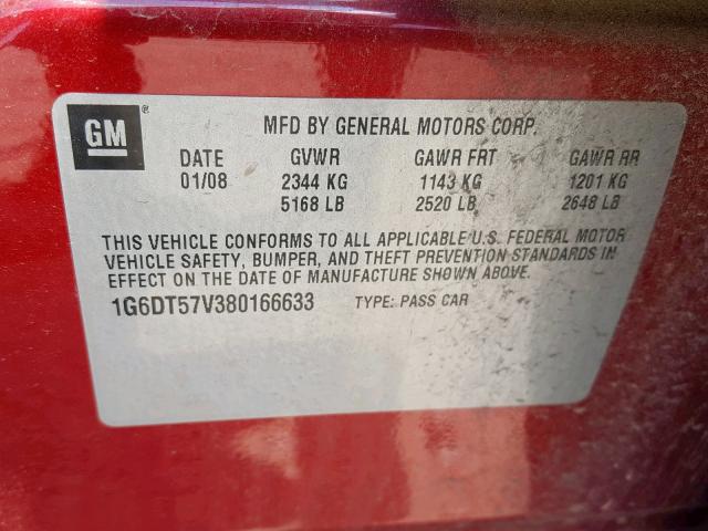 1G6DT57V380166633 - 2008 CADILLAC CTS HI FEA RED photo 10