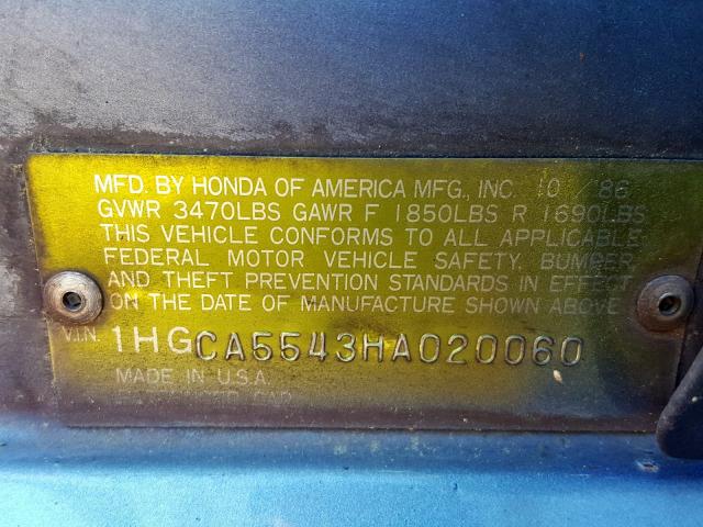 1HGCA5543HA020060 - 1987 HONDA ACCORD LXI BLUE photo 10