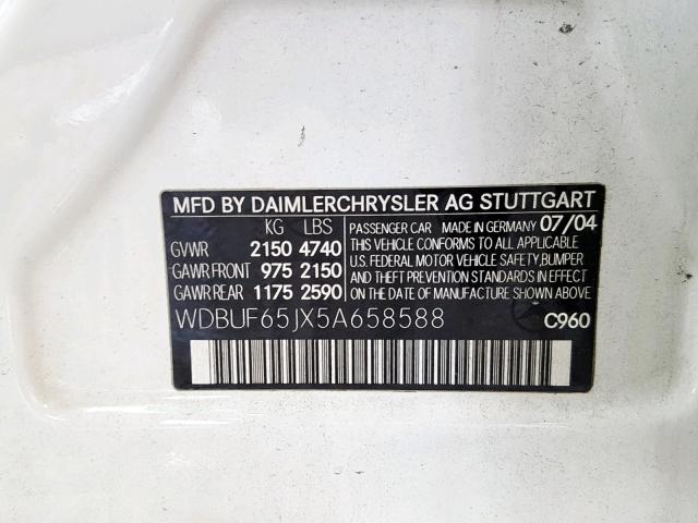 WDBUF65JX5A658588 - 2005 MERCEDES-BENZ E 320 WHITE photo 10