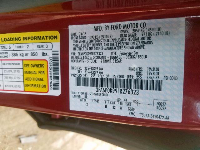 3FA6P0K99FR276323 - 2015 FORD FUSION TIT RED photo 10