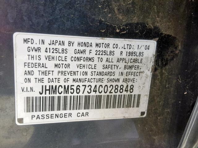 JHMCM56734C028848 - 2004 HONDA ACCORD EX CHARCOAL photo 10