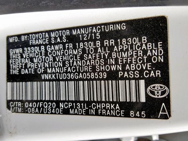 VNKKTUD36GA058539 - 2016 TOYOTA YARIS L WHITE photo 10