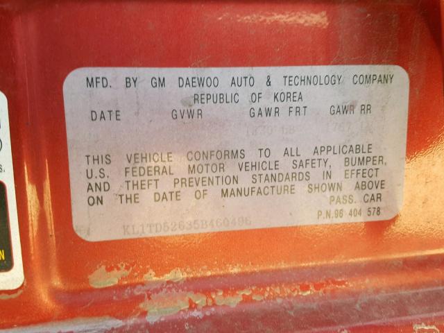 KL1TD52635B460496 - 2005 CHEVROLET AVEO BASE Қызыл фото 10