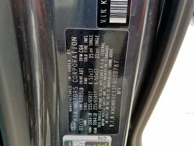 KNDMB5C13F6059787 - 2015 KIA SEDONA LX CHARCOAL photo 10