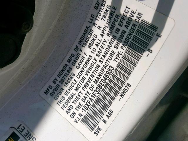 19XFA1F33BE046933 - 2011 HONDA CIVIC VP WHITE photo 10