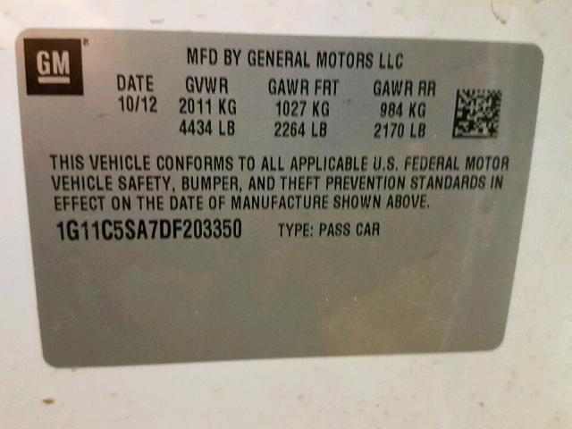 1G11C5SA7DF203350 - 2013 CHEVROLET MALIBU 1LT 白色 照片 10