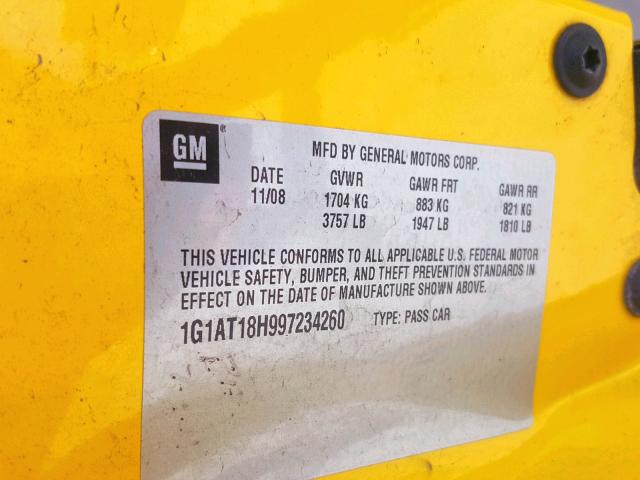 1G1AT18H997234260 - 2009 CHEVROLET COBALT LT YELLOW photo 10