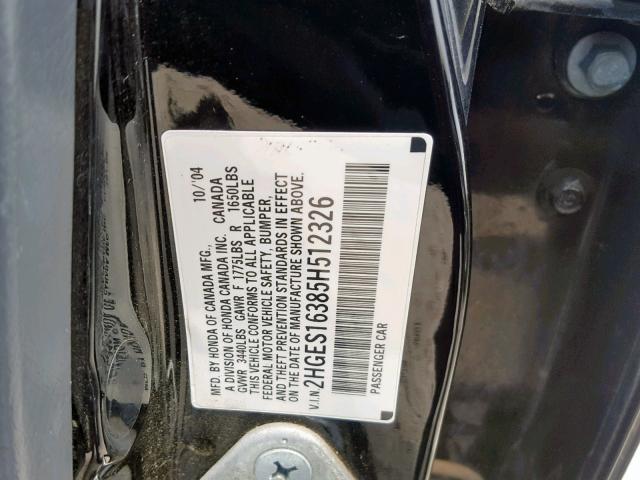 2HGES16385H512326 - 2005 HONDA CIVIC DX V BLACK photo 10