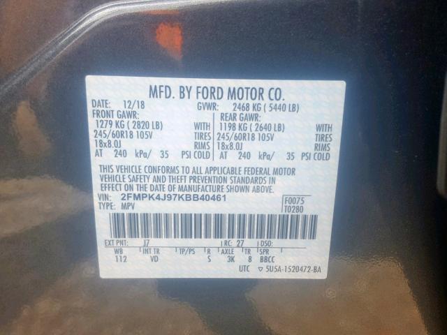 2FMPK4J97KBB40461 - 2019 FORD EDGE SEL GRAY photo 10