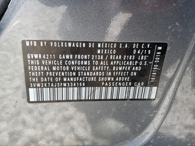 3VW2K7AJ3FM334156 - 2015 VOLKSWAGEN JETTA BASE GRAY photo 10
