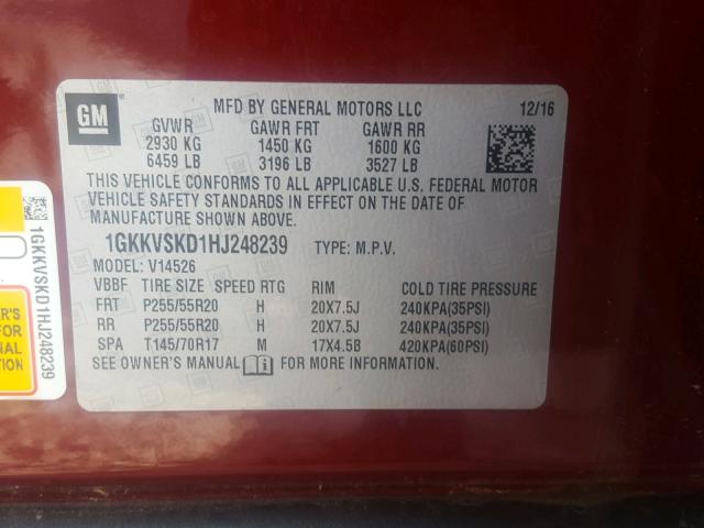 1GKKVSKD1HJ248239 - 2017 GMC ACADIA LIM BURGUNDY photo 10