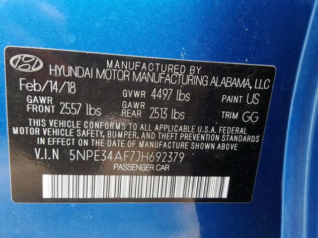 5NPE34AF7JH692379 - 2018 HYUNDAI SONATA SPO BLUE photo 10