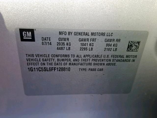 1G11C5SL6FF128810 - 2015 CHEVROLET MALIBU 1LT 银色 照片 10