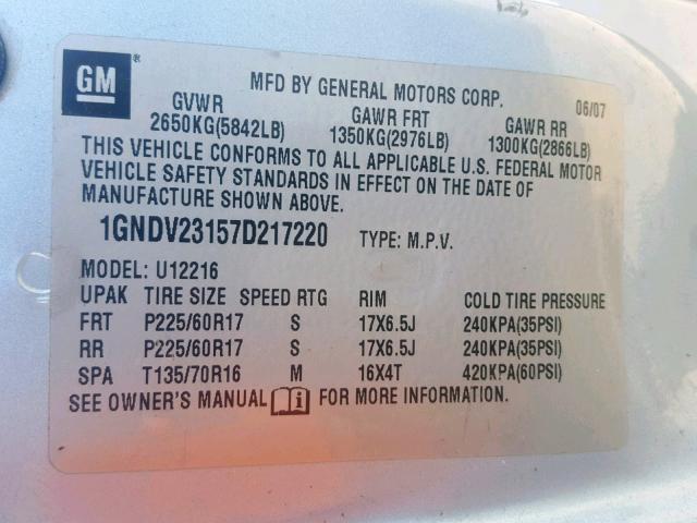 1GNDV23157D217220 - 2007 CHEVROLET UPLANDER L 蓝色 照片 10