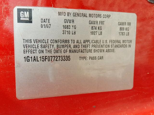 1G1AL15F077273335 - 2007 CHEVROLET COBALT LT RED photo 10