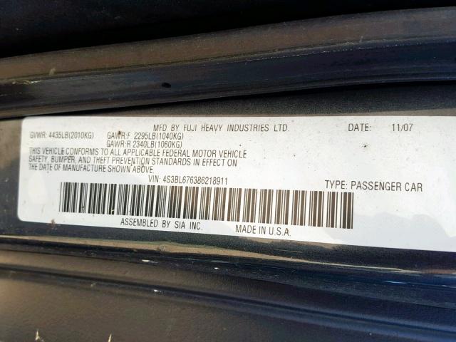 4S3BL676386218911 - 2008 SUBARU LEGACY GT CHARCOAL photo 10