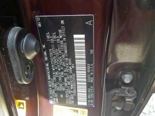 5TDDK3EH0DS239160 - 2013 TOYOTA HIGHLANDER BURGUNDY photo 10