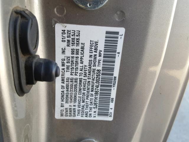 5J6YH18674L002658 - 2004 HONDA ELEMENT EX GRAY photo 10