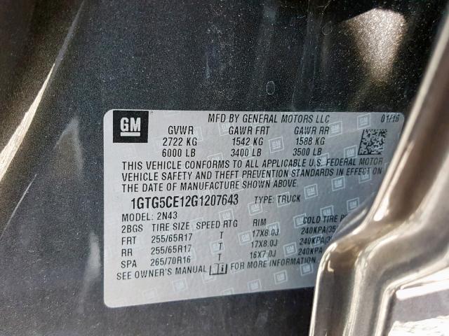 1GTG5CE12G1207643 - 2016 GMC CANYON SLE GRAY photo 10