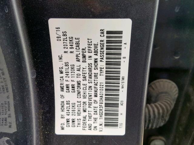 1HGCR3F80HA010021 - 2017 HONDA ACCORD EXL GRAY photo 10