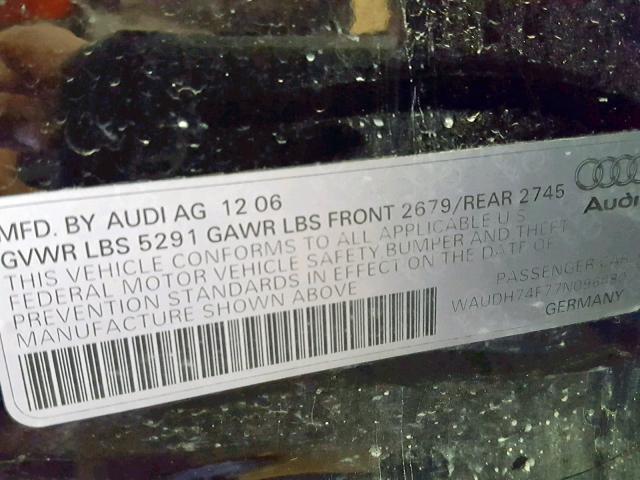 WAUDH74F77N096480 - 2007 AUDI A6 3.2 QUA BLACK photo 10