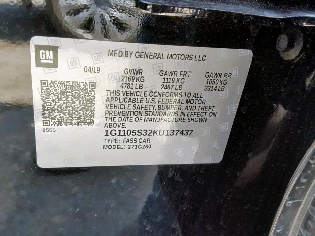 1G1105S32KU137437 - 2019 CHEVROLET IMPALA PRE შავი ფოტო 10