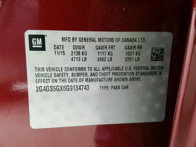 2G4GS5GX6G9134743 - 2016 BUICK REGAL PREM RED photo 10