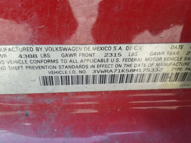 3VWRA71K58M175332 - 2008 VOLKSWAGEN JETTA WOLF RED photo 10