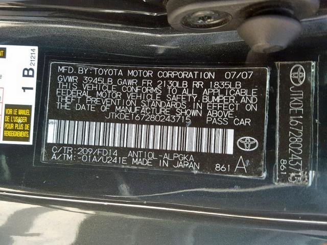 JTKDE167280243715 - 2008 TOYOTA SCION TC BLACK photo 10