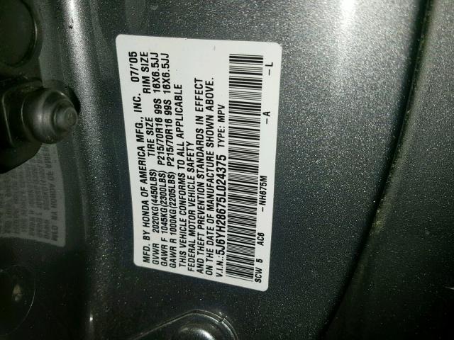 5J6YH28675L024375 - 2005 HONDA ELEMENT EX GRAY photo 10