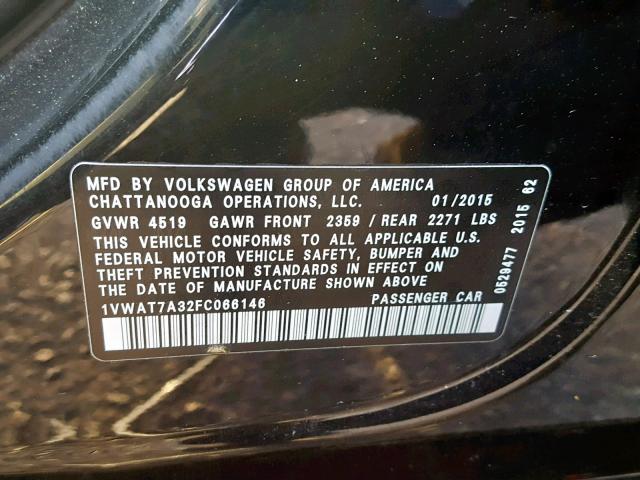 1VWAT7A32FC066146 - 2015 VOLKSWAGEN PASSAT S BLACK photo 10