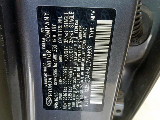 KM8J23A49JU740993 - 2018 HYUNDAI TUCSON SE GRAY photo 10