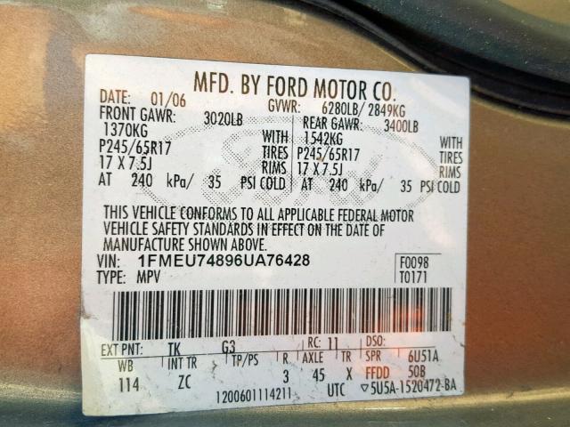 1FMEU74896UA76428 - 2006 FORD EXPLORER E BEIGE photo 10