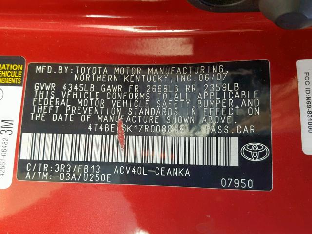 4T4BE46K17R008848 - 2007 TOYOTA CAMRY NEW RED photo 10