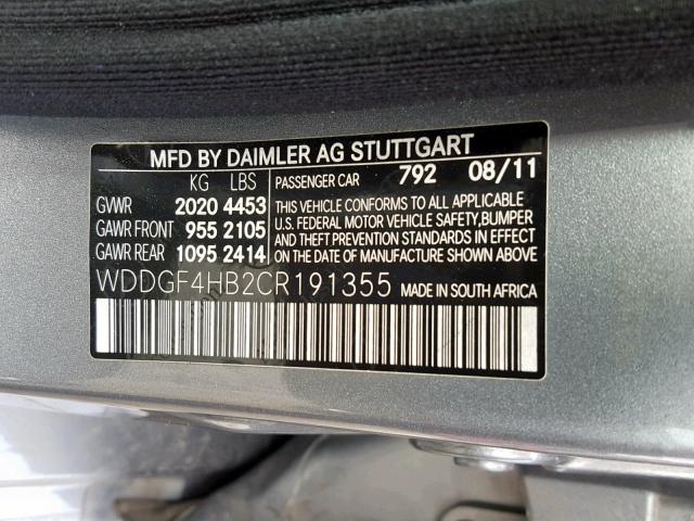 WDDGF4HB2CR191355 - 2012 MERCEDES-BENZ C 250 SILVER photo 10