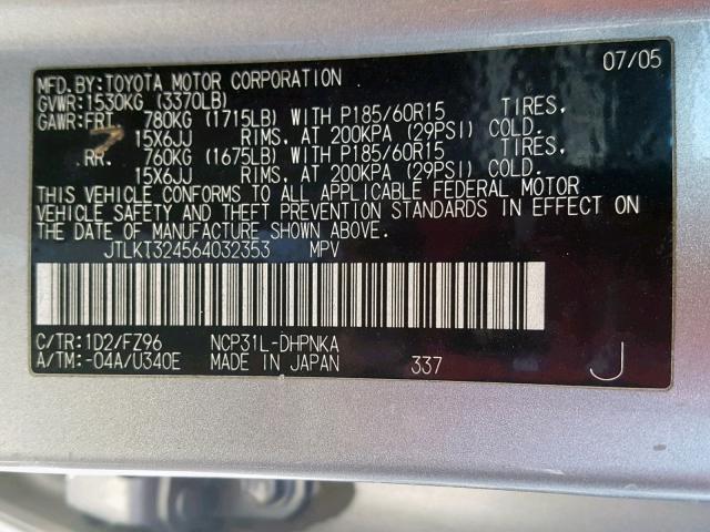 JTLKT324564032353 - 2006 TOYOTA SCION XB 银色 照片 10