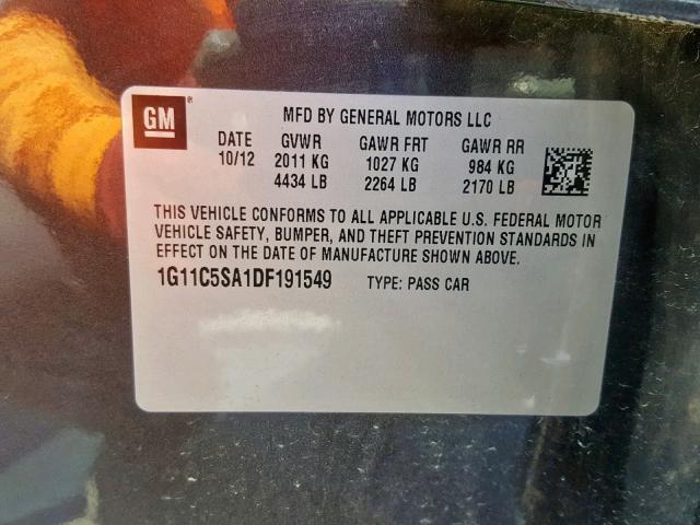 1G11C5SA1DF191549 - 2013 CHEVROLET MALIBU 1LT 石墨色 照片 10