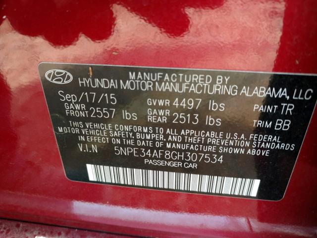 5NPE34AF8GH307534 - 2016 HYUNDAI SONATA SPO RED photo 10