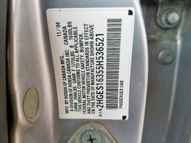 2HGES16355H536521 - 2005 HONDA CIVIC DX V SILVER photo 10