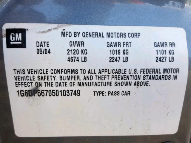 1G6DP567050103749 - 2005 CADILLAC CTS HI FEA GRAY photo 10