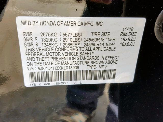 5J8YD4H3XKL013936 - 2019 ACURA MDX BLACK photo 10