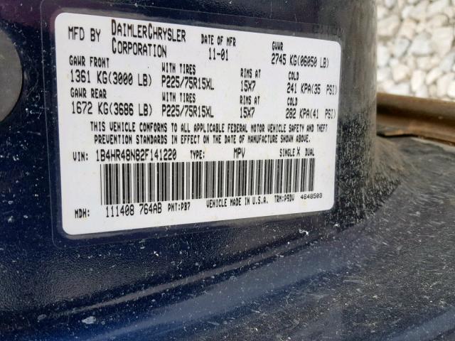 1B4HR48N82F141220 - 2002 DODGE DURANGO SL BLUE photo 10