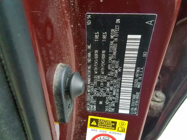 5TDZKRFH4FS053132 - 2015 TOYOTA HIGHLANDER MAROON photo 10