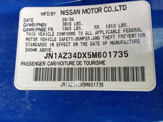 JN1AZ34DX5M601735 - 2005 NISSAN 350Z COUPE BLUE photo 10