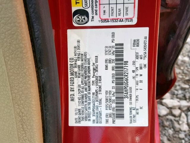 3FAHP0JG6CR217198 - 2012 FORD FUSION SEL RED photo 10