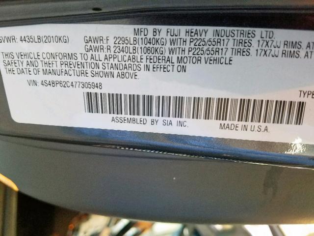 4S4BP62C477305948 - 2007 SUBARU OUTBACK OU GRAY photo 10