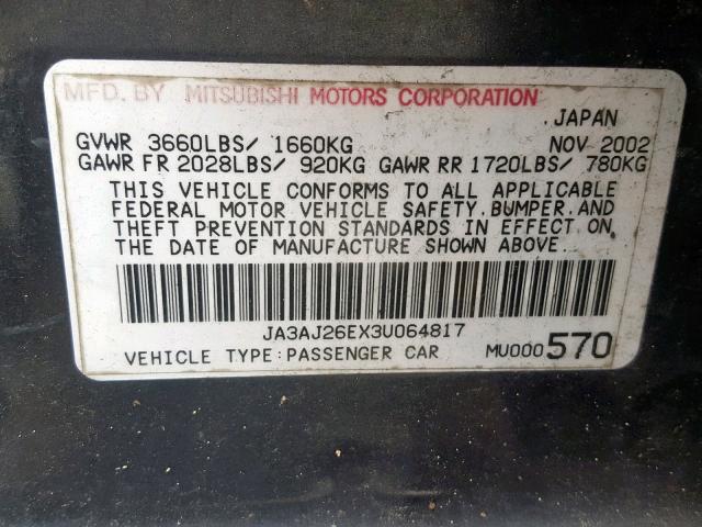 JA3AJ26EX3U064817 - 2003 MITSUBISHI LANCER ES BLUE photo 10