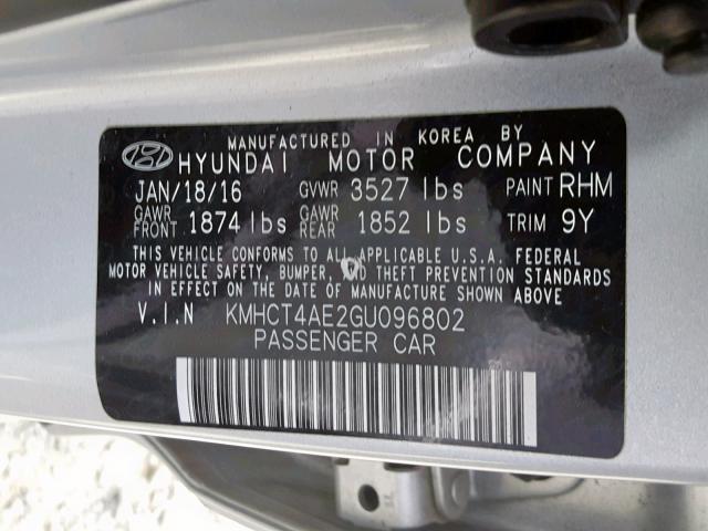 KMHCT4AE2GU096802 - 2016 HYUNDAI ACCENT SE SILVER photo 10