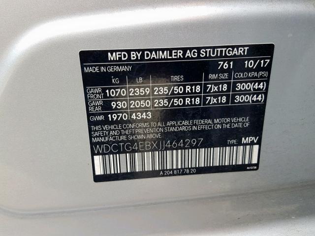 WDCTG4EBXJJ464297 - 2018 MERCEDES-BENZ GLA 250 SILVER photo 10